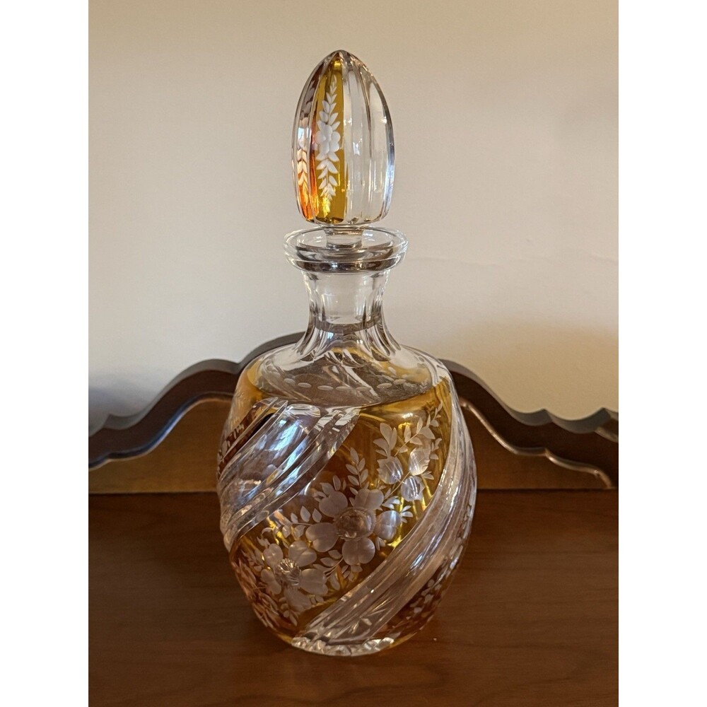 Vintage Bohemian Amber & Clear Cut Crystal Glass Decanter Gorgeous